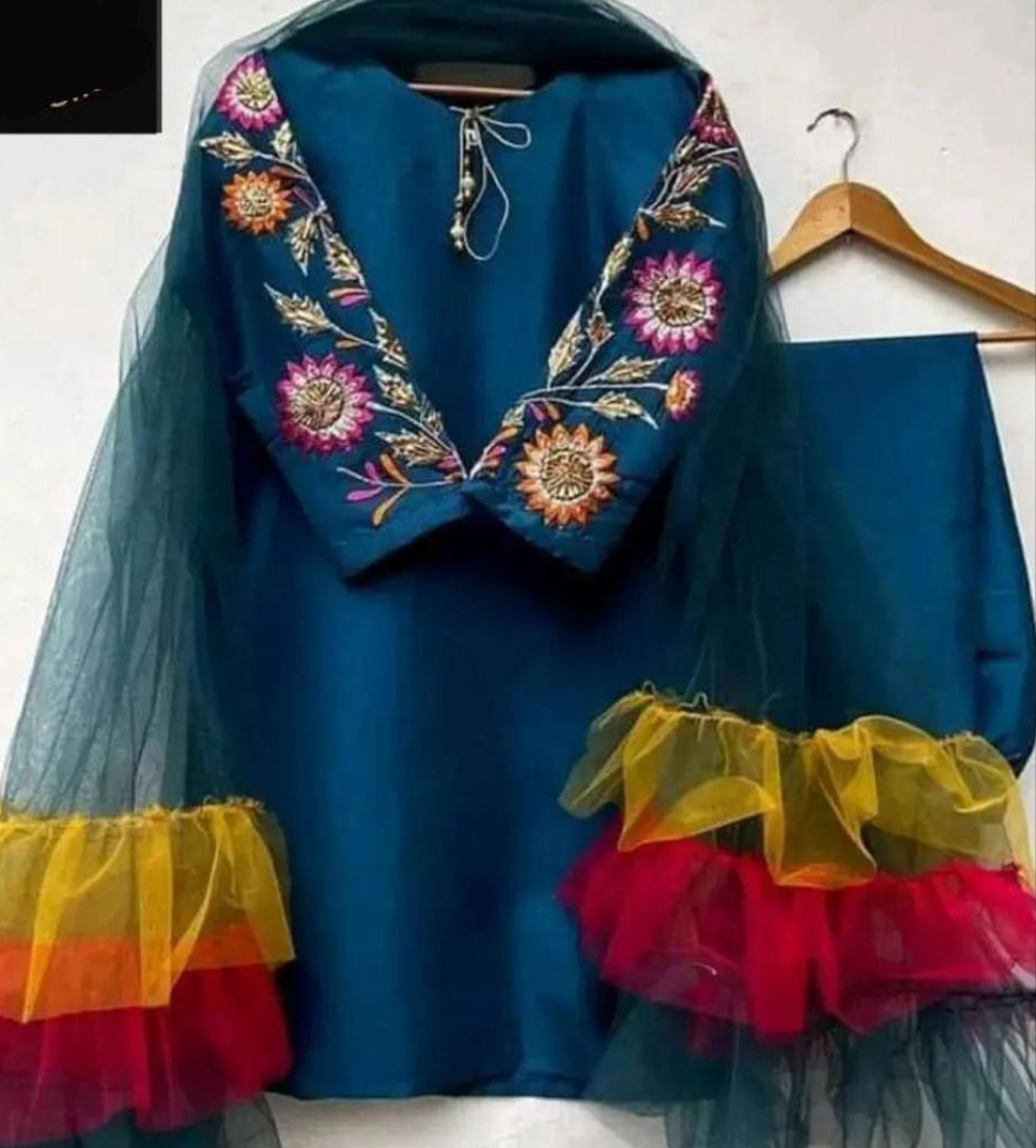 3pc Embroidery Stitch Silk Dress