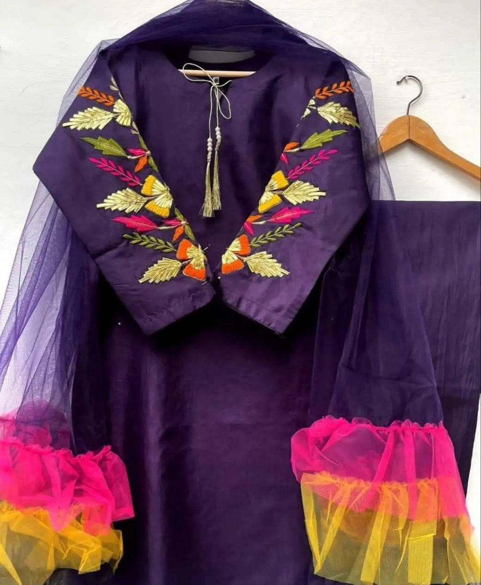 3pc Embroidery Stitch Silk Dress